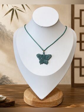 Natural Blue water Jade (blue-green tone)Butterfly Pendant Necklace